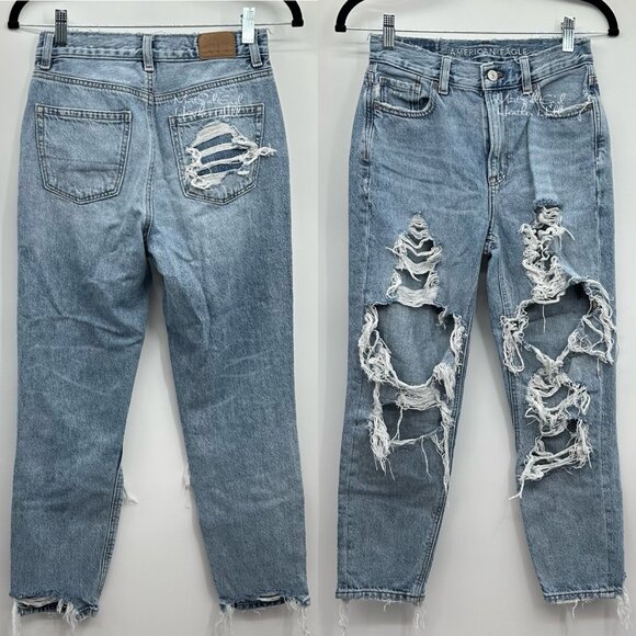 American Eagle Ripped Distressed Shark Bitten Ankle Mom Jeans Size 24 Short - Picture 7 of 7
